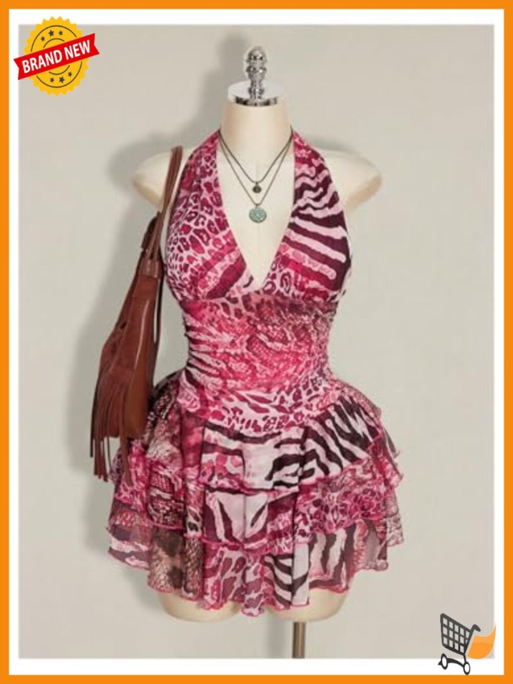 Plus Size Halter Mesh Mini Dress Y2K Animal Print Backless Club Party - Picture 4 of 4